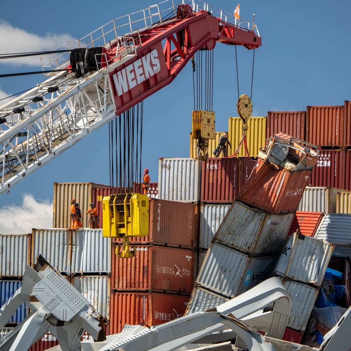 Photo of debris and wreckage removal in wake of Baltimore Key Bridge collapse in support of reopening the Fort McHenry channel.